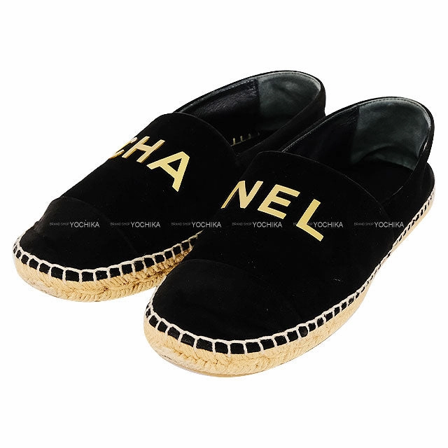 [Pre-loved] CHANEL Flat Espadrille Logo Noir (Black) Suede #37 Gold HW G34012[LIKE NEW][Authentic] Espadrille Lace Ups