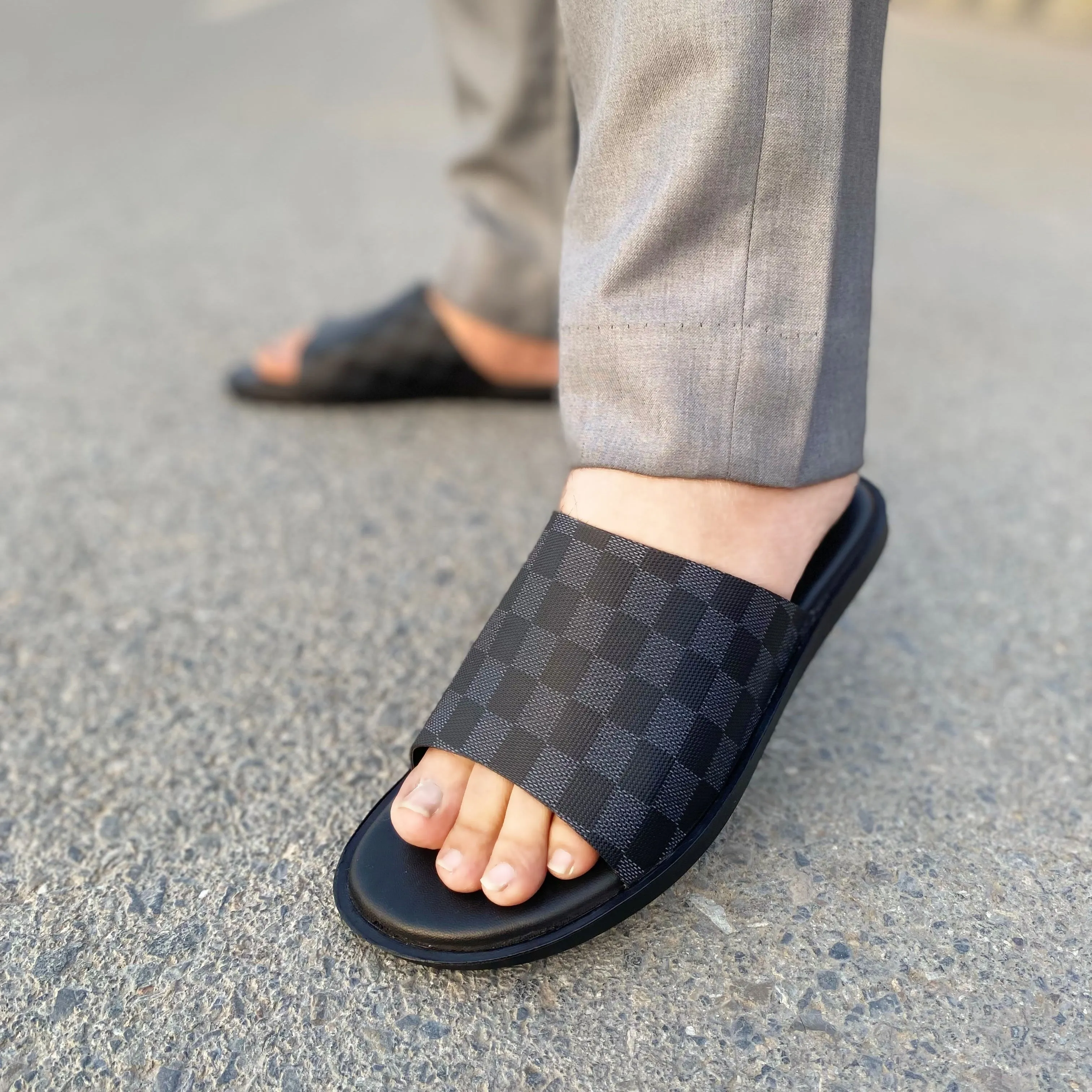 LS Handmade Checkered Chappal LS-134 BLK Portuguese Slippers