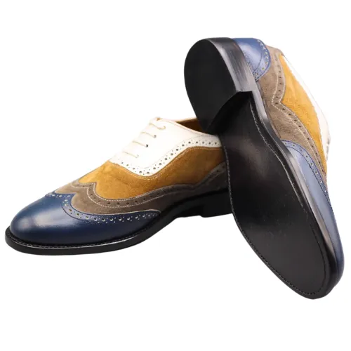 Bespoke Handmade Multi Color Leather and Suede Oxford Wingtip Lace up Dress Men's Shoes Cool Boots