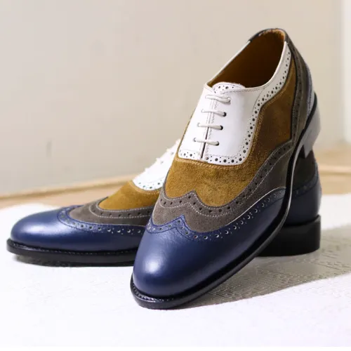 Western Boots Rhinestone Bespoke Handmade Multi Color Leather and Suede Oxford Wingtip Lace up Dress Men's Shoes