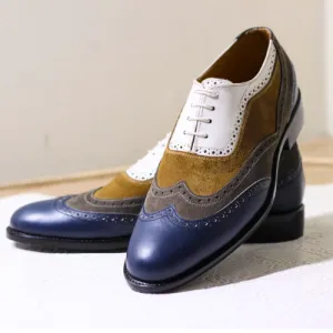 Bespoke Handmade Multi Color Leather and Suede Oxford Wingtip Lace up Dress Men's Shoes Lands End Winter Boots