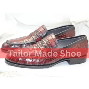 Bespoke Mens Leather Loafers  Elegant Handcrafted Crocodile Pattern Leather Loafers  Perfect for Weddings & Formal Events Barefoot Cowboy Boots
