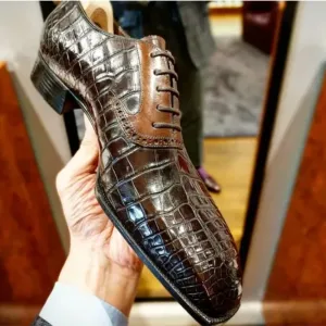 Bespoke Premium Crocodile Texture Leather Brown Mens Shoes Warmest Winter Snow Boots