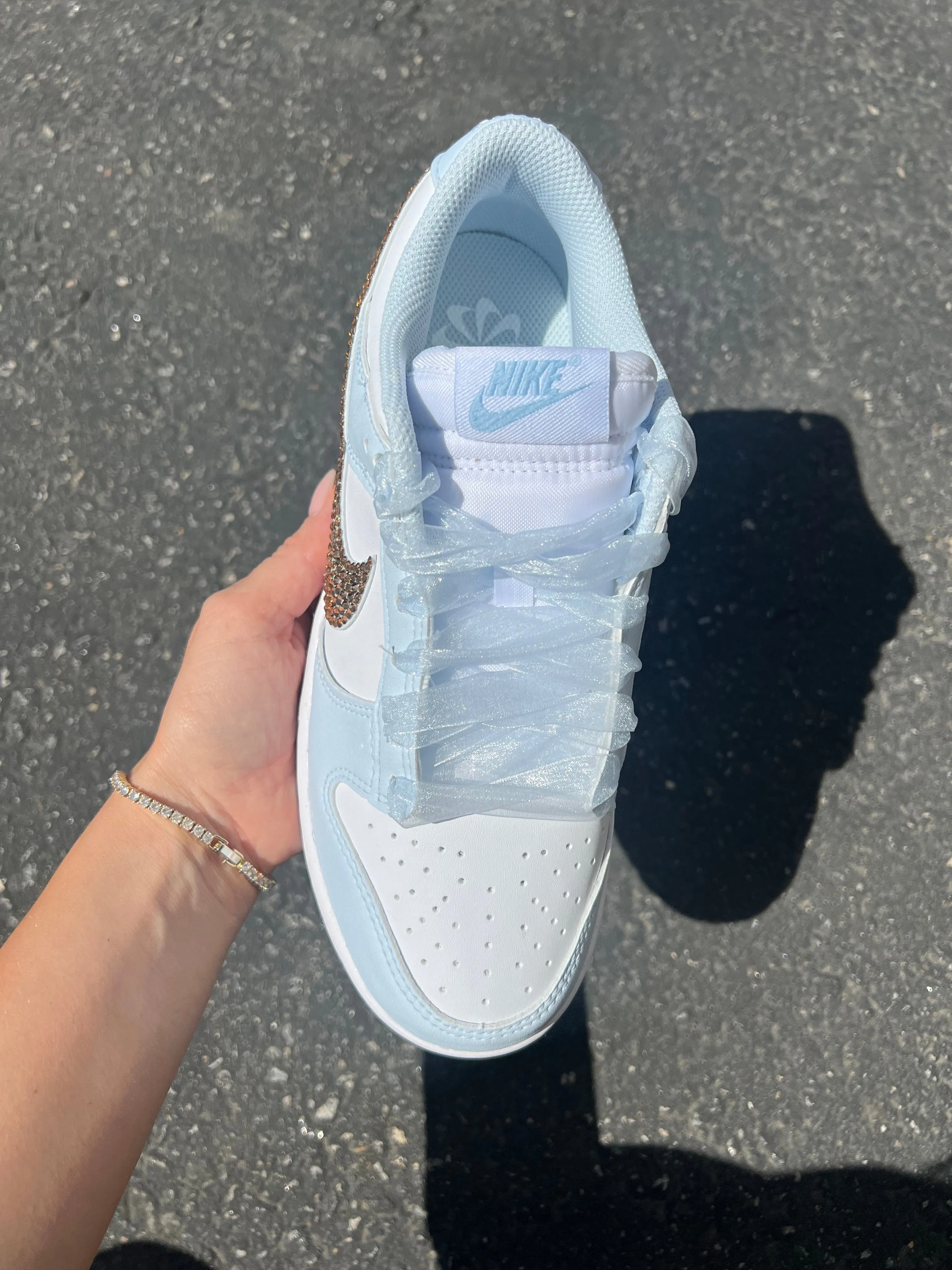 Blue Organza Ribbon Lace Swarovski Womens Nike Dunk Shoes Adidas Spikeless Golf Shoes