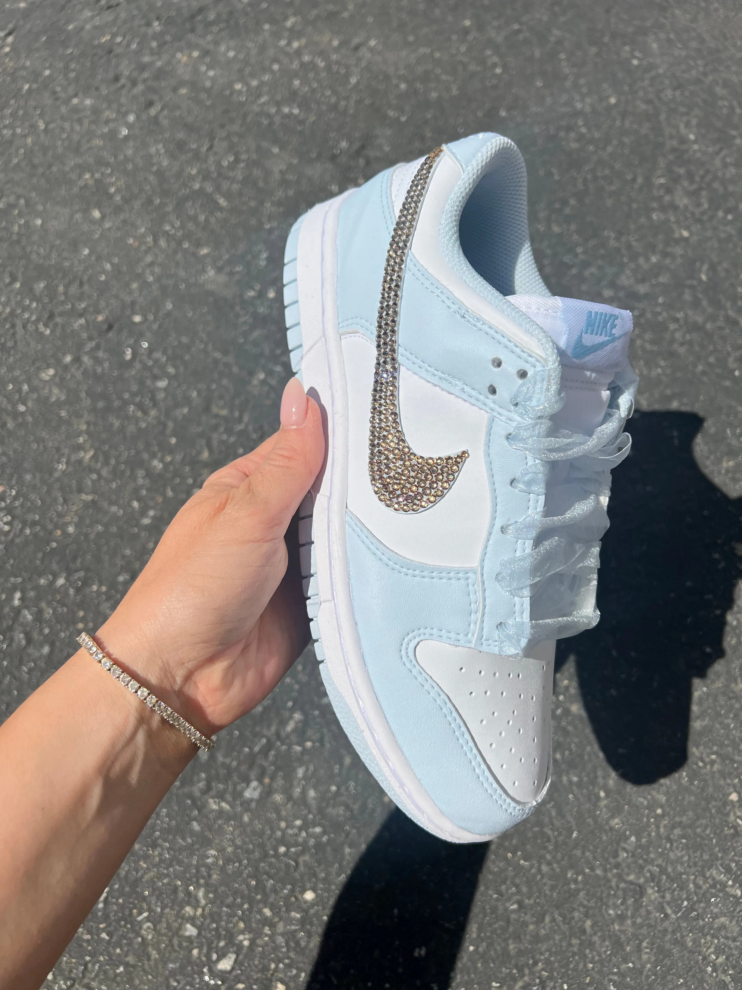 Blue Organza Ribbon Lace Swarovski Womens Nike Dunk Shoes Adidas Summerflex Shoes