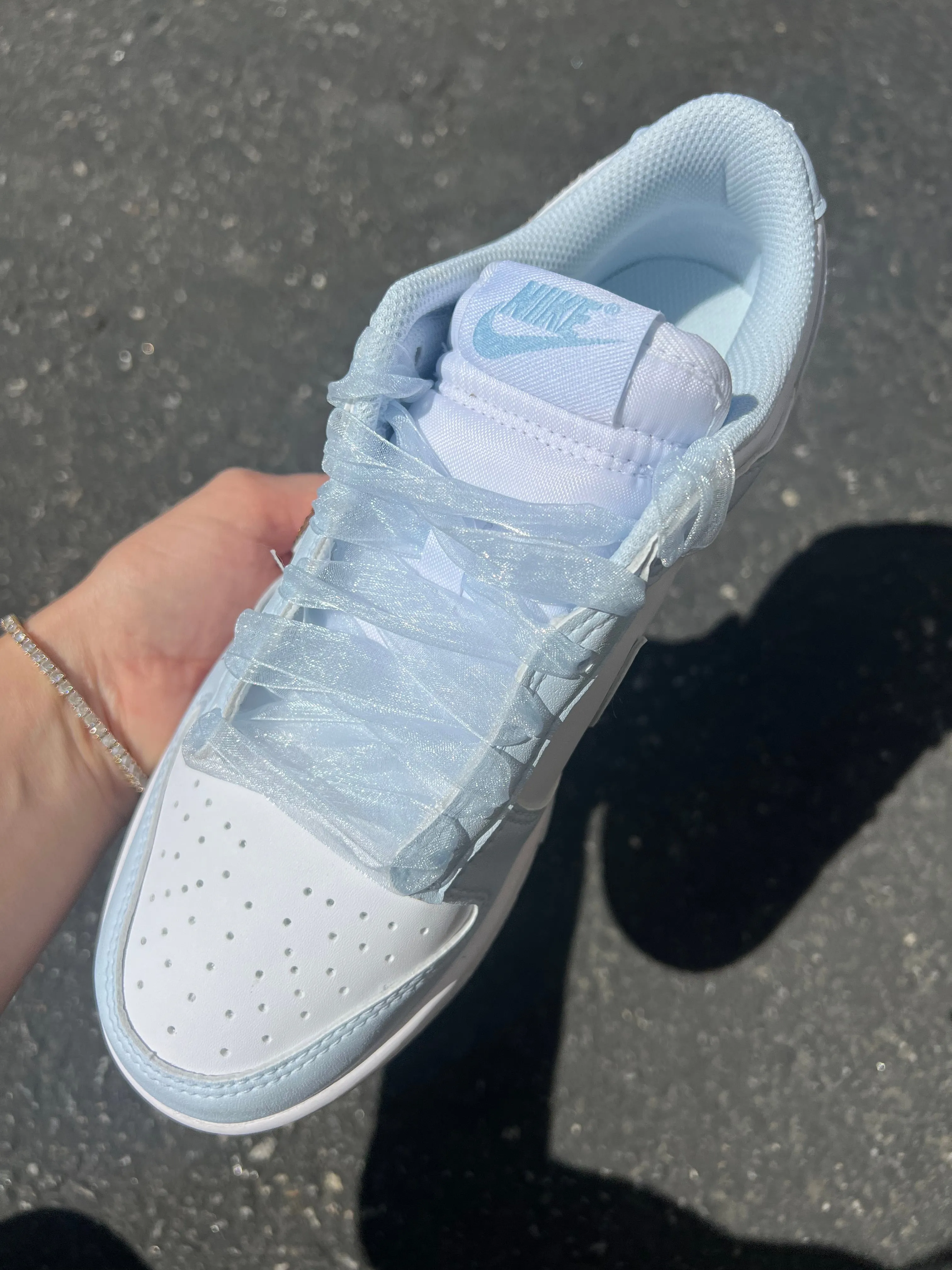 Blue Organza Ribbon Lace Swarovski Womens Nike Dunk Shoes Adidas Soccer Indoor Shoes