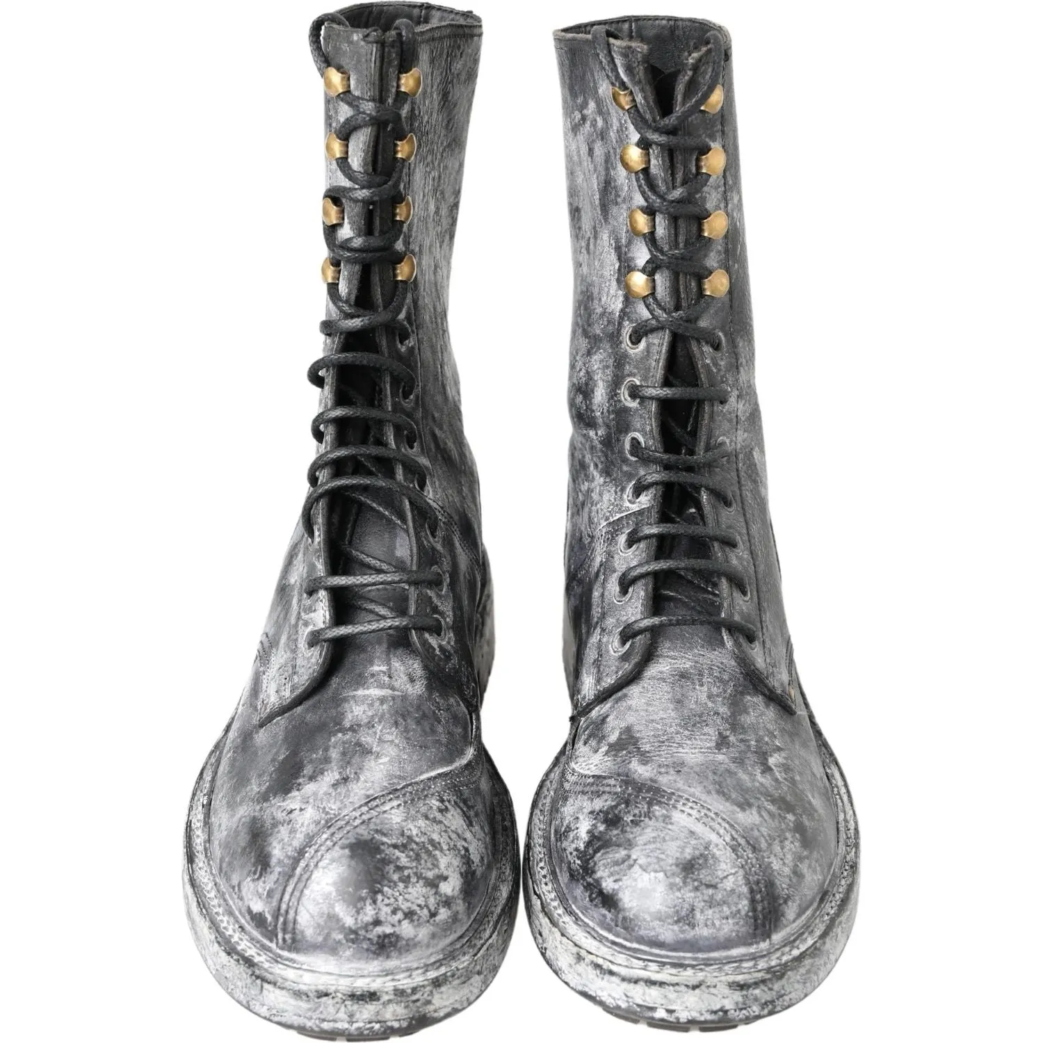 Steel Toe Army Boots Dolce & Gabbana Black Gray Leather Mid Calf Boots Shoes