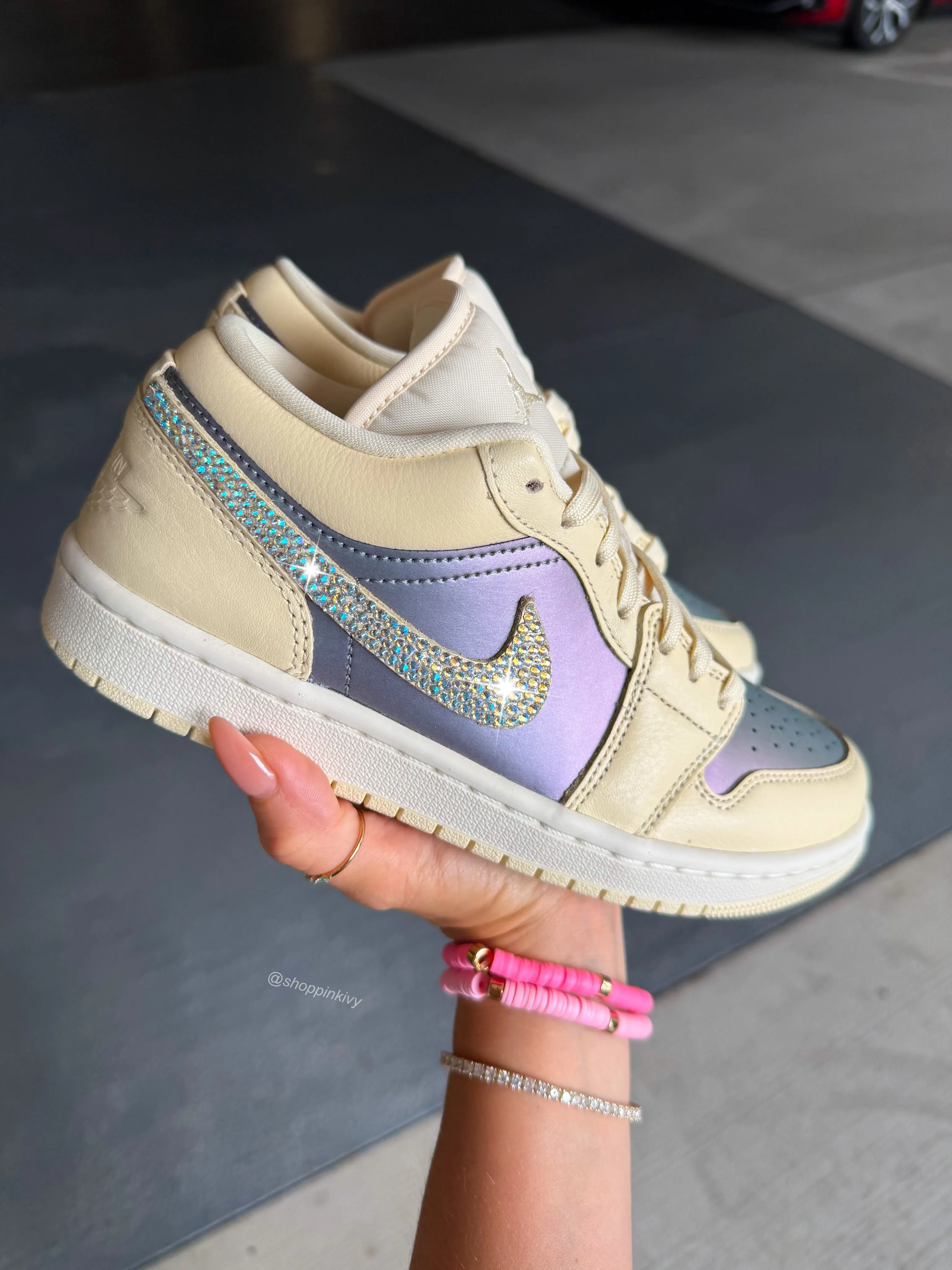 Summer '25 Cream Iridescent Swarovski Womens Air Jordan 1 Low Shoes Adidas Daily 3.0 Shoes