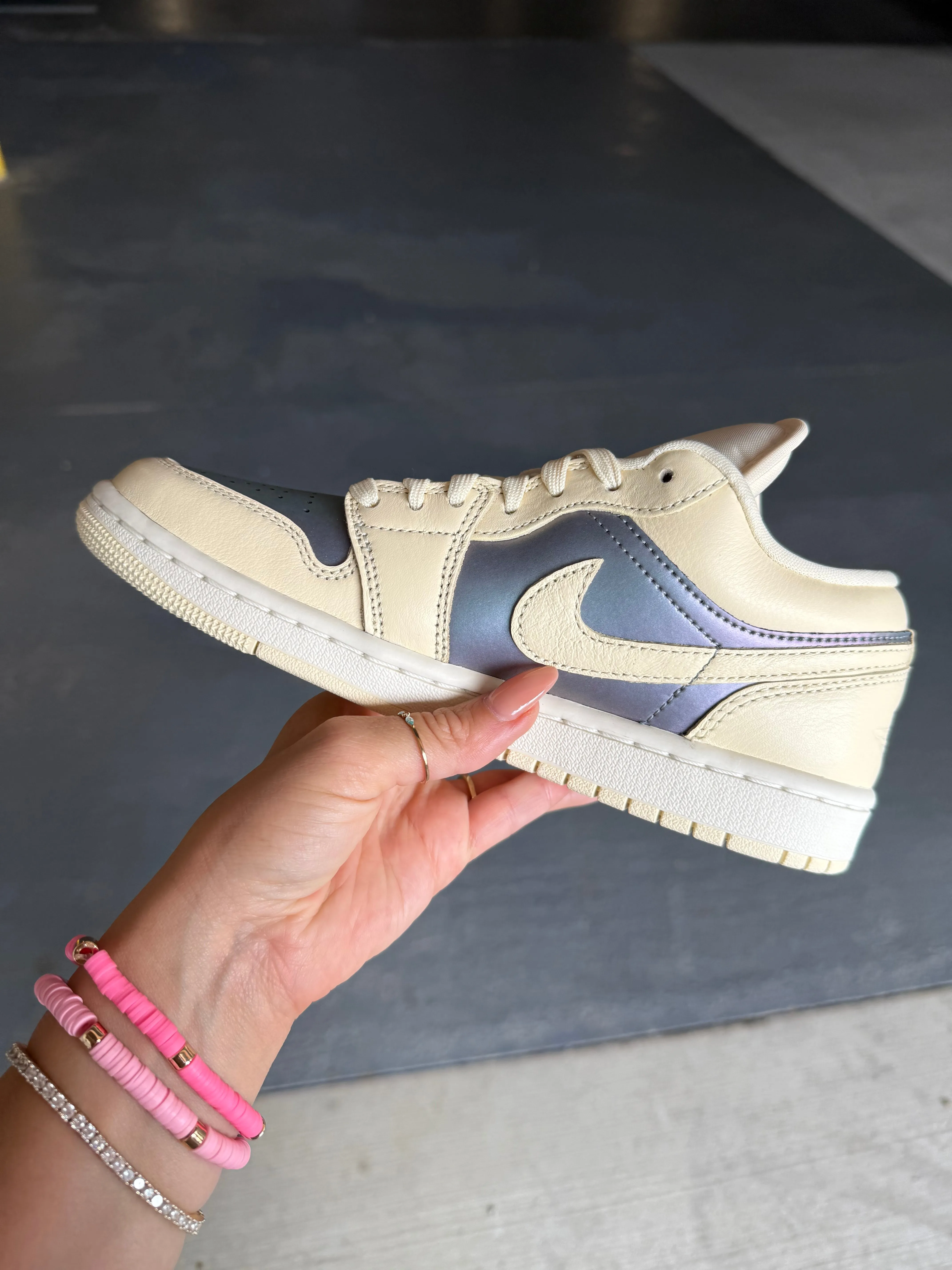 Summer '25 Cream Iridescent Swarovski Womens Air Jordan 1 Low Shoes Adidas Sole Shoes