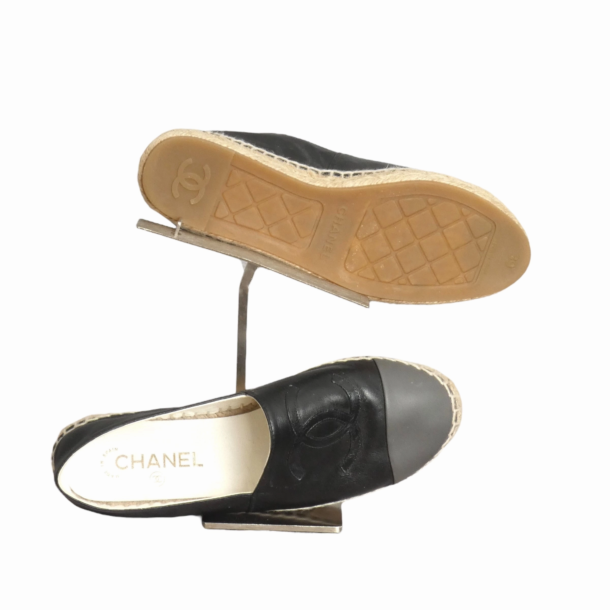 CHANEL- Gray & Black Cap Toe Espadrilles, Size 39 Lifestride Espadrille Wedge Sandal
