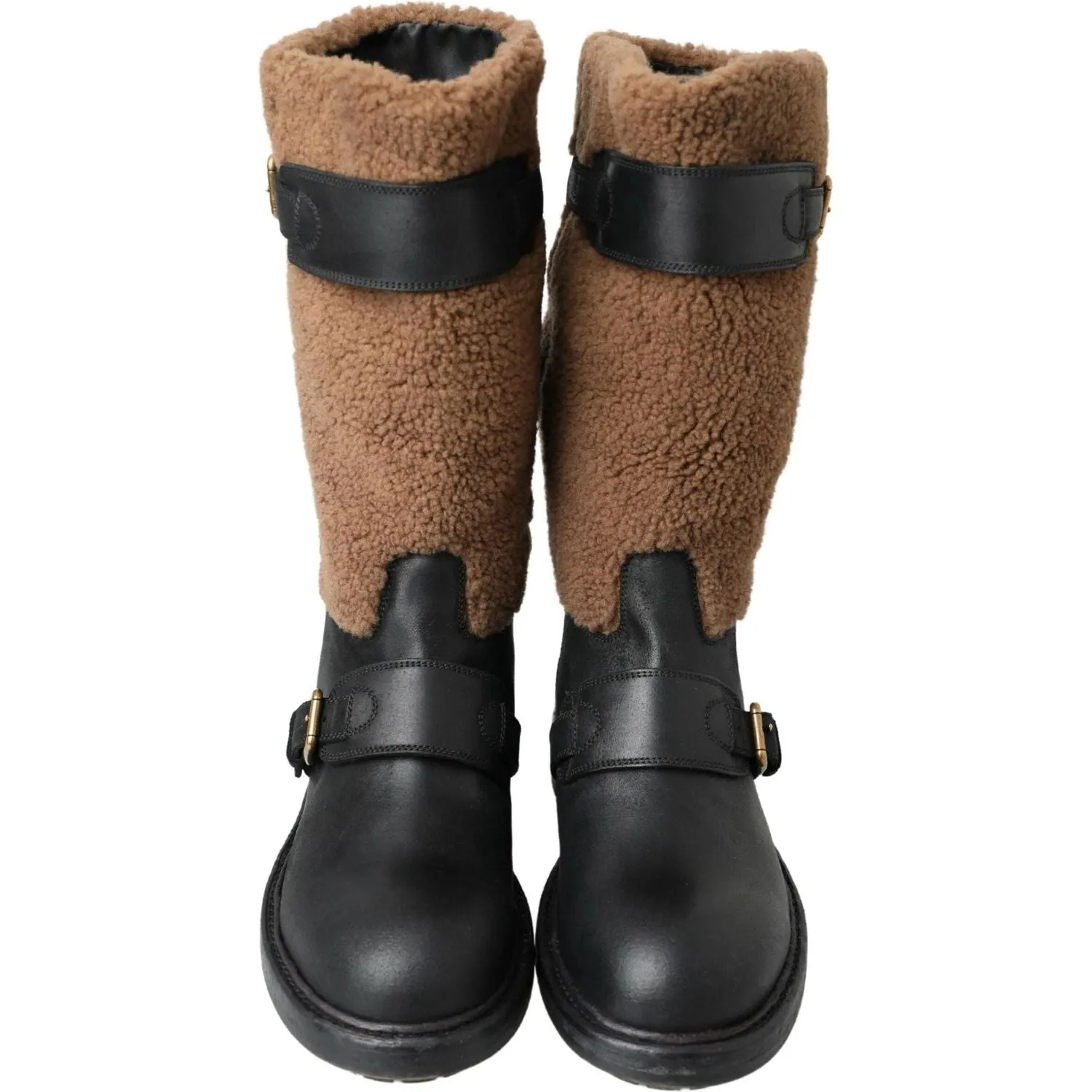Dolce & Gabbana Black Leather Brown Shearling Boots Low Cost Snow Boots
