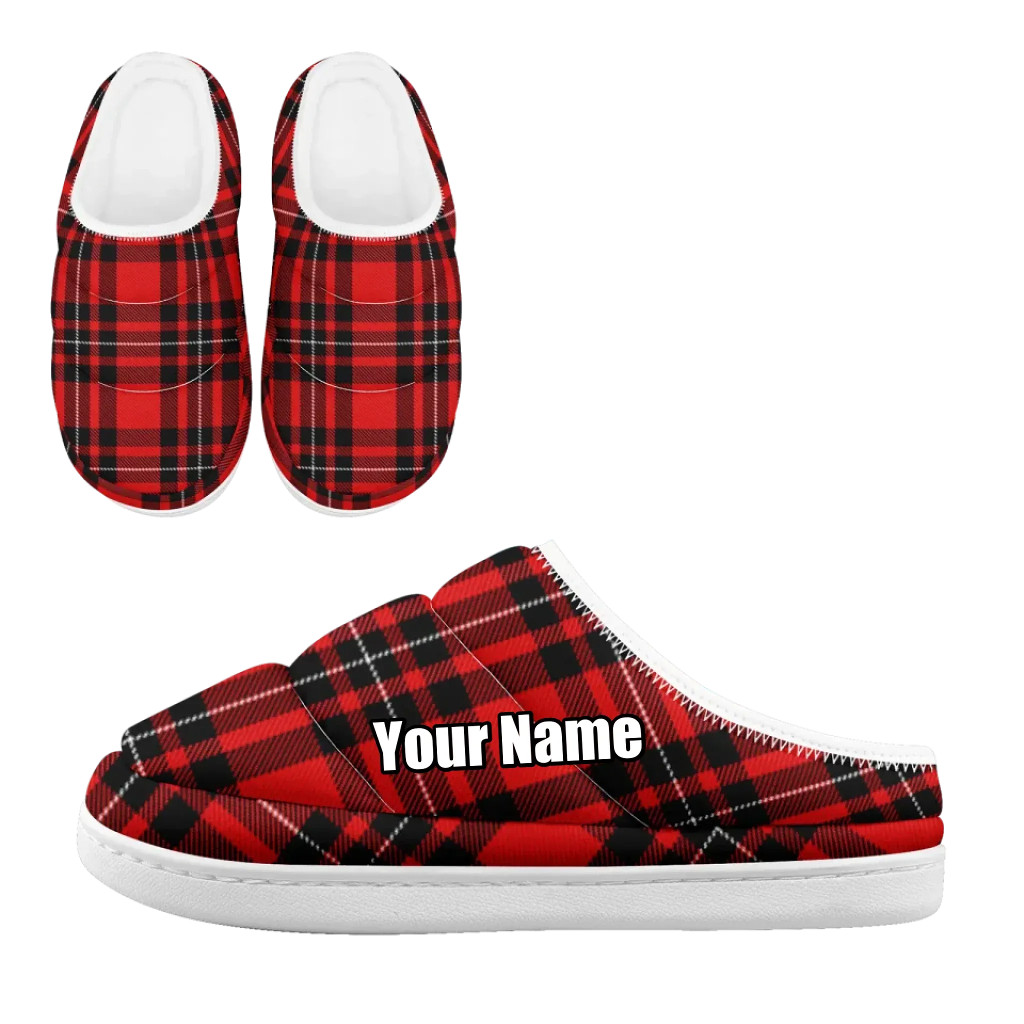Classic Red & Black Plaid Padded Slippers, Cozy Quilted Tartan Winter House Shoes FN057-25025141 Washing Slippers Rubber Soles