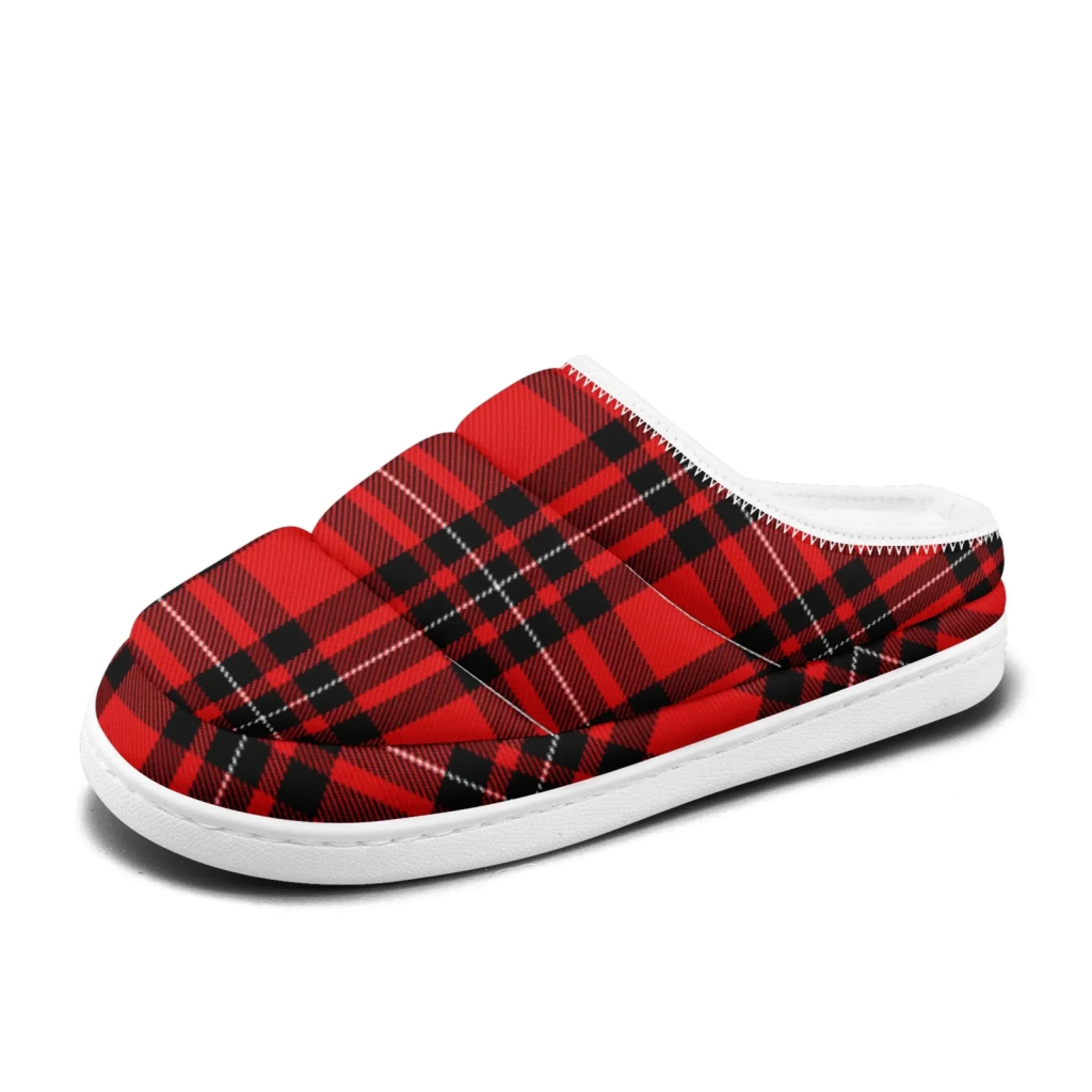 Slippers Logo Classic Red & Black Plaid Padded Slippers, Cozy Quilted Tartan Winter House Shoes FN057-25025141