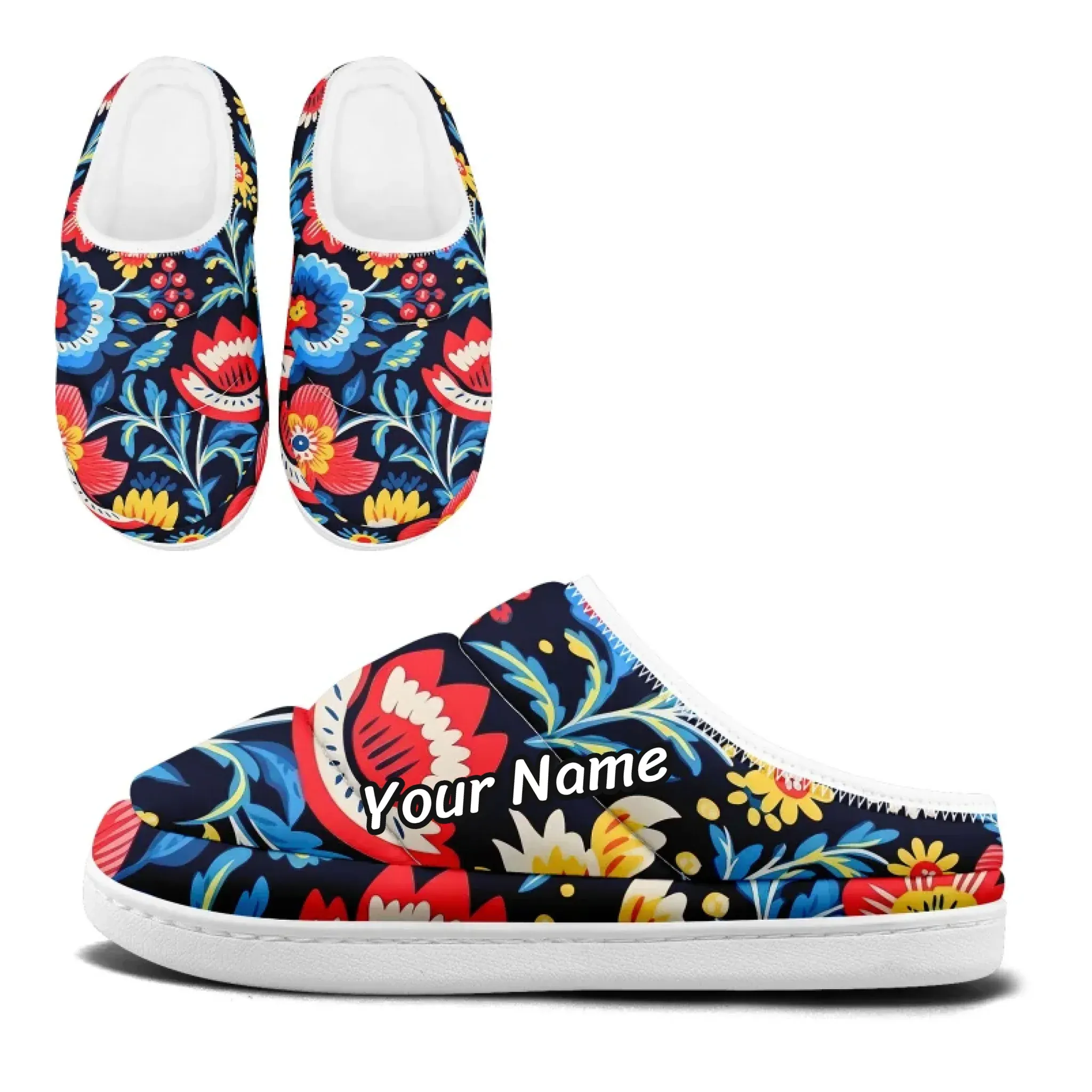 Colorful Folk Art Floral Padded Slippers, Cozy Patterned House Shoes FN057-25028165 Retro Slides