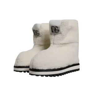 Dolce & Gabbana White Plush Logo Padded Mid Calf Boots Shoes Flat Shoes Size 12