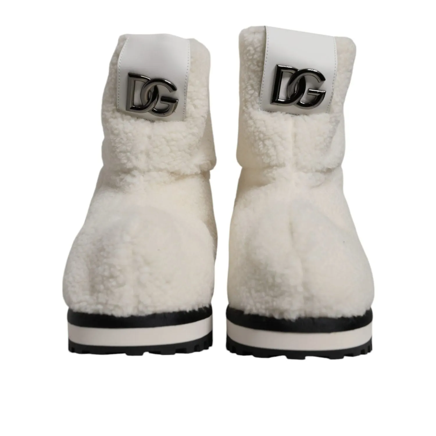 Dolce & Gabbana White Plush Logo Padded Mid Calf Boots Shoes Boa Flat Pedal Shoes