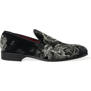 Plane Slippers Dolce & Gabbana Black Floral Slippers Men Loafers Dress Shoes
