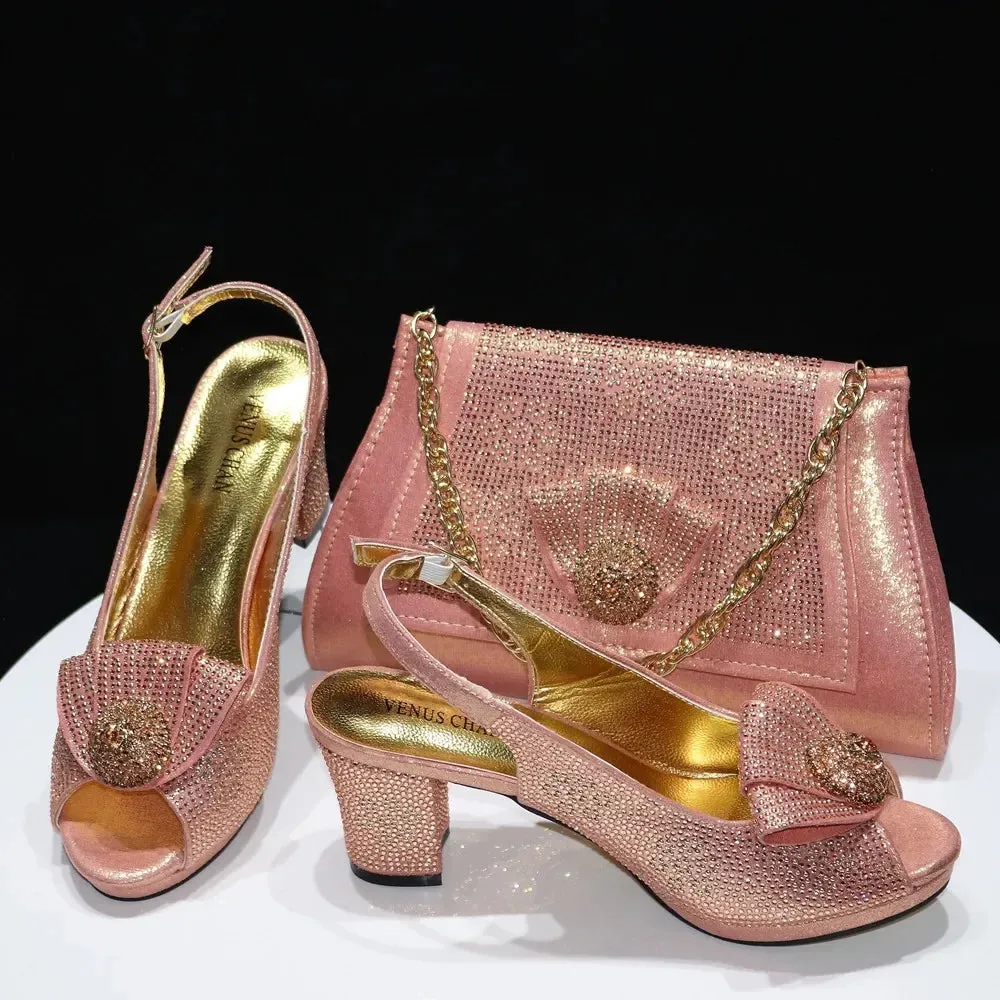 Extra Wide Waterproof Shoes Venus Chan 2024 Italian Design Girly Style Golden Color Wedding Shoes And Bag Full Diamond Decoration Metal Closure Bags