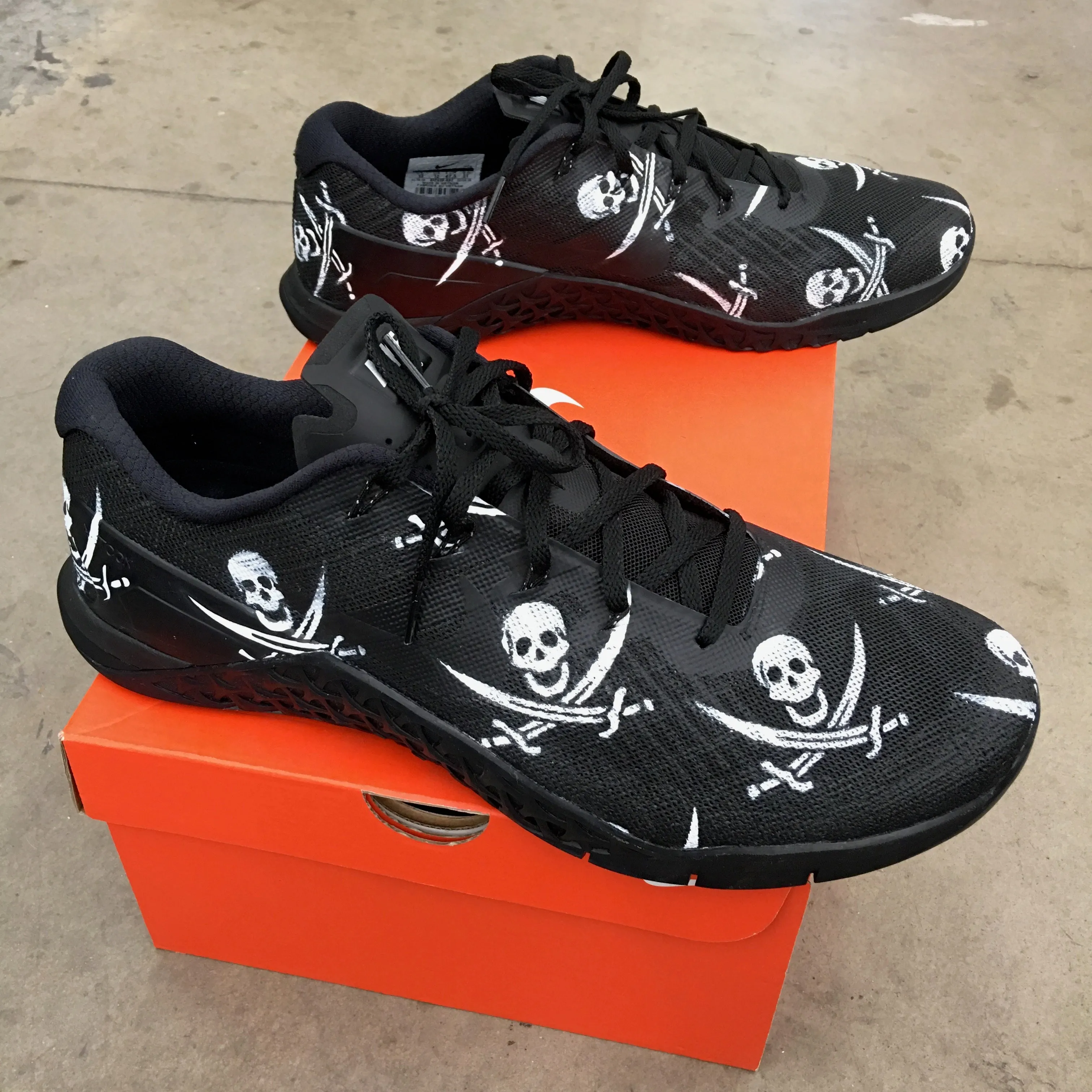 Asics Wide Fit Running Shoes Custom Hand Painted Crossbones Skull Nike Metcon Crossfit Shoe