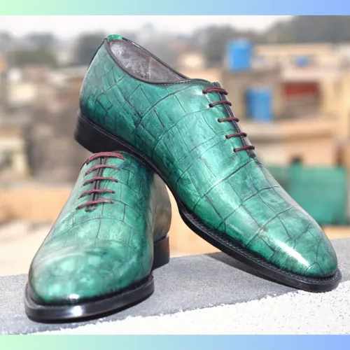 Custom Made Bespoke Handmade Made to Measure Genuine Crocodile Print Green Leather Laceup Oxford Mens Shoes Vtg Boots