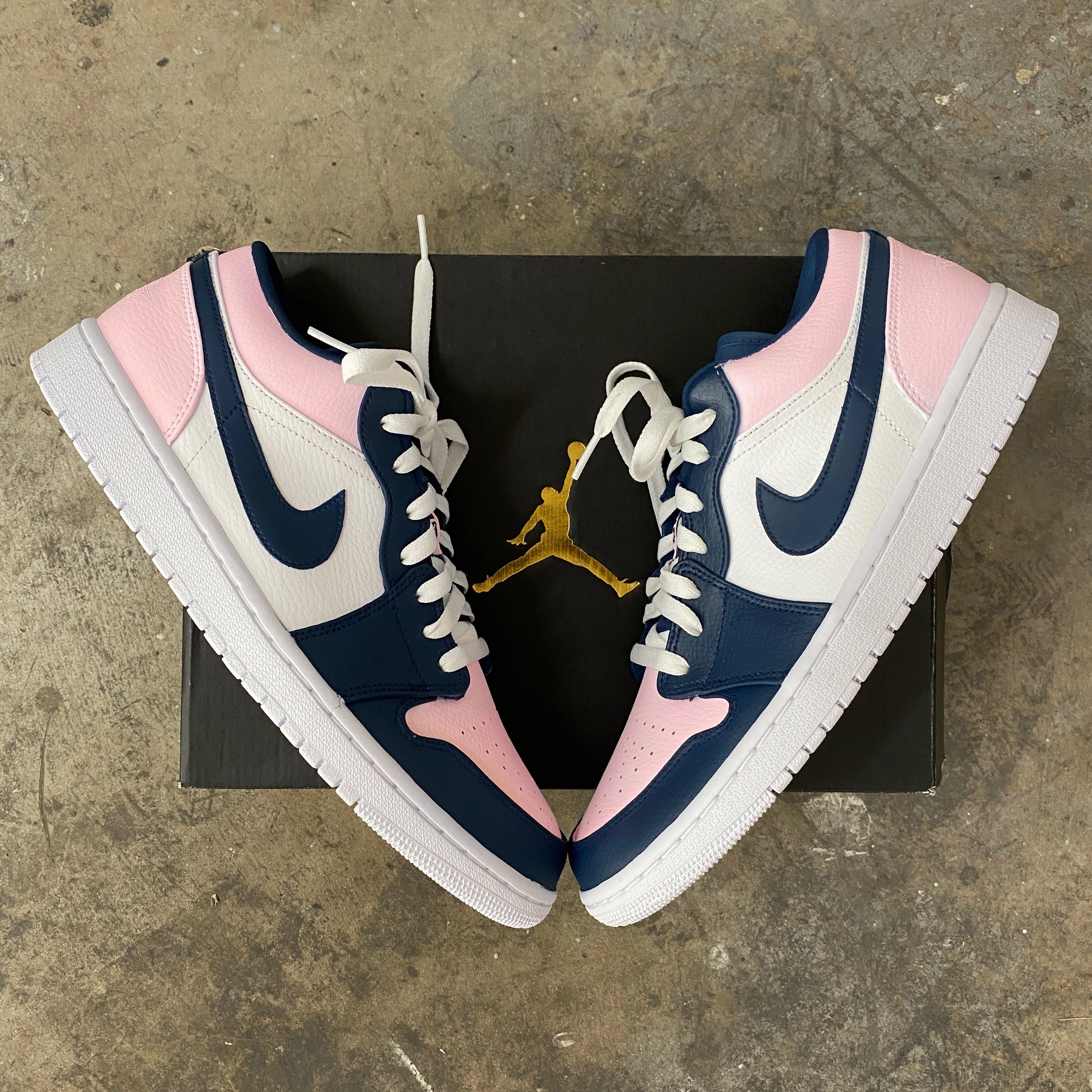 Custom Colorway Nike Pink and Navy Air Jordan Low Asics Shoe Return Policy