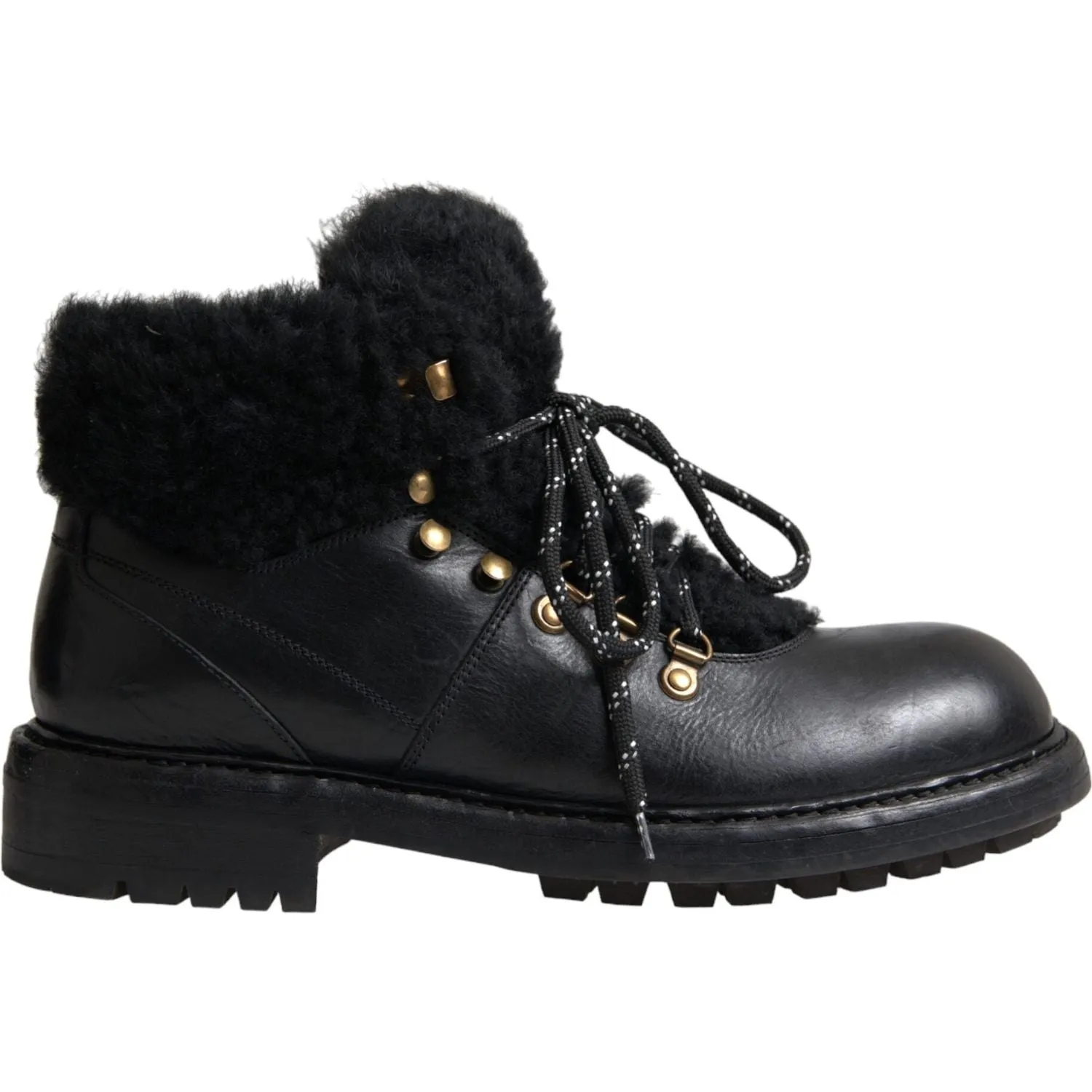 Dolce & Gabbana Black Leather Bernini Shearling Boots Shoes Work Boots For Flat Feet