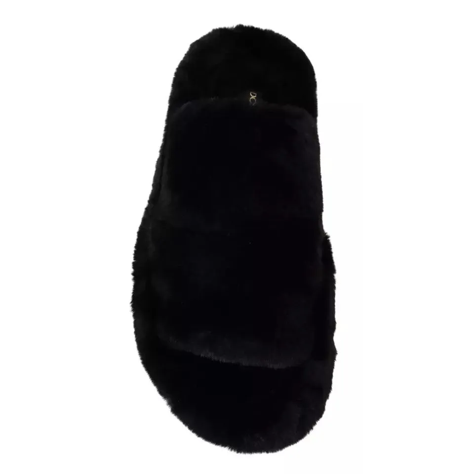 Dolce & Gabbana Black Polyester Faux Fur Mens Flats Sandals Shoes Light Sandals