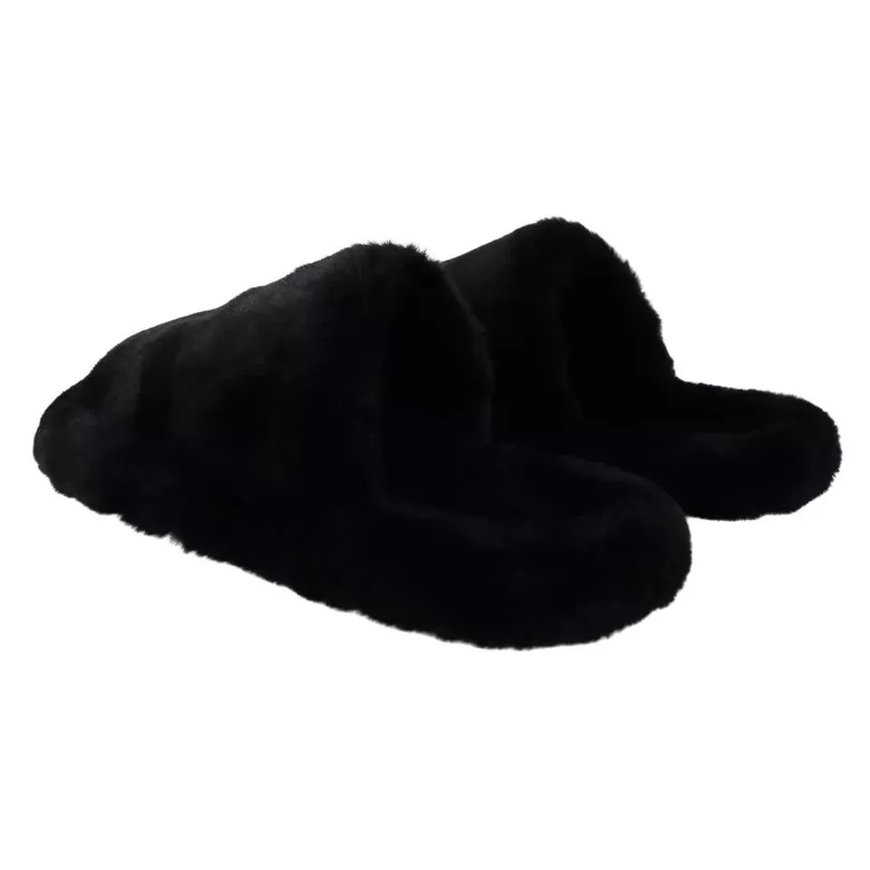 Sandals With Flower Dolce & Gabbana Black Polyester Faux Fur Mens Flats Sandals Shoes