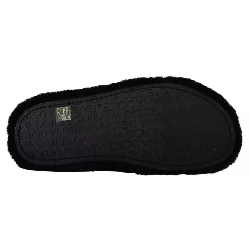 Leather Slides Sandals Dolce & Gabbana Black Polyester Faux Fur Mens Flats Sandals Shoes