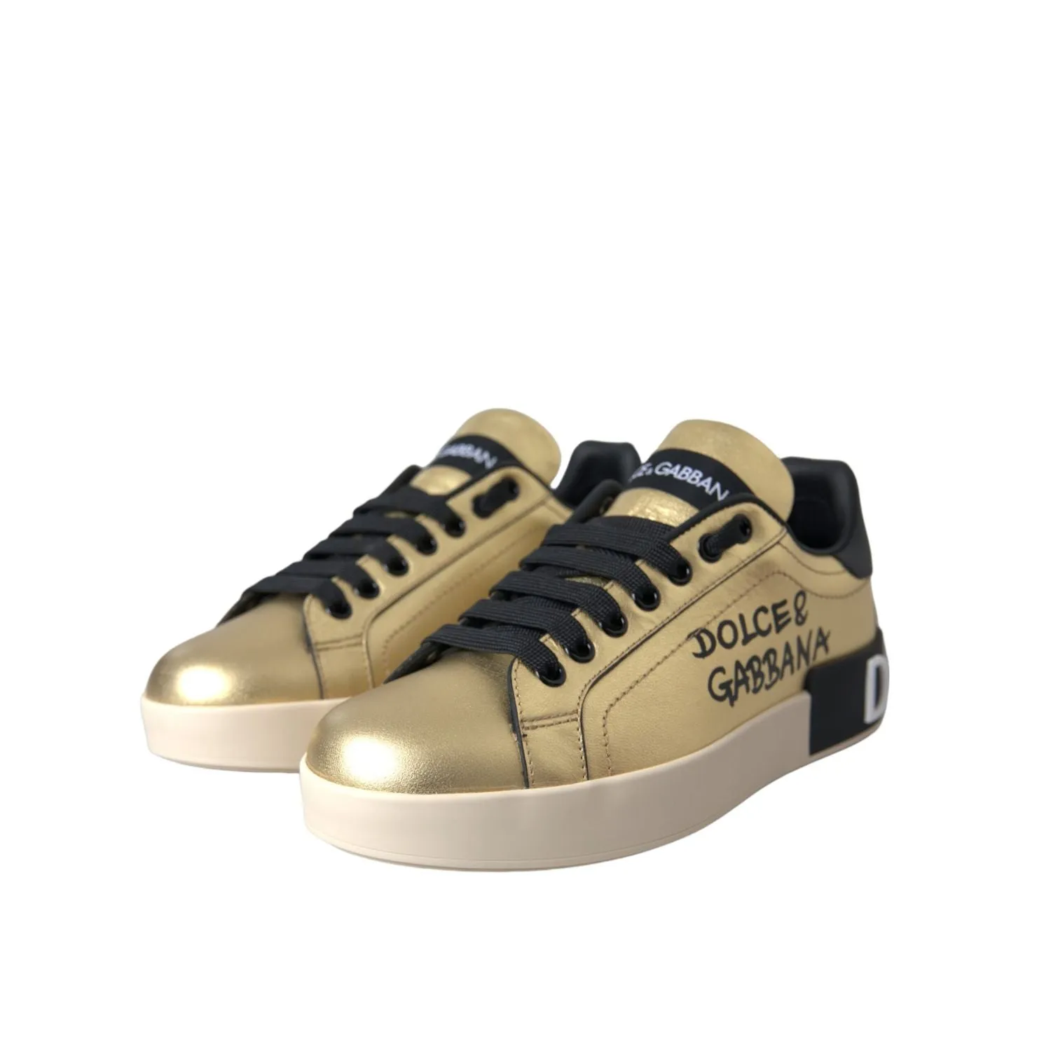 Dolce & Gabbana Gold Portofino Calf Leather Sneakers Women Shoes White Leather Slip On Sneakers