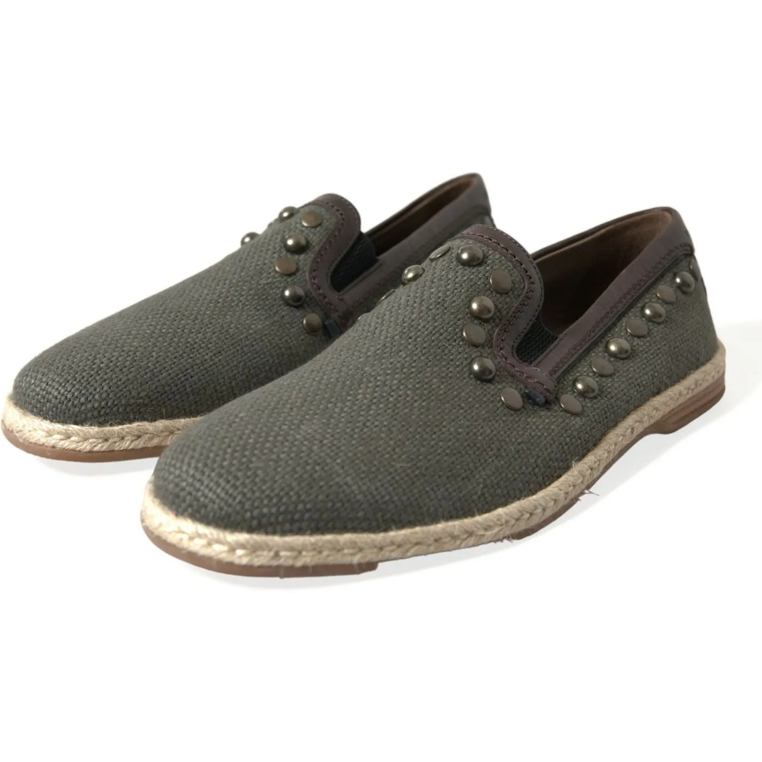 Vintage Slides Dolce & Gabbana Gray Linen Leather Studded Loafers Shoes