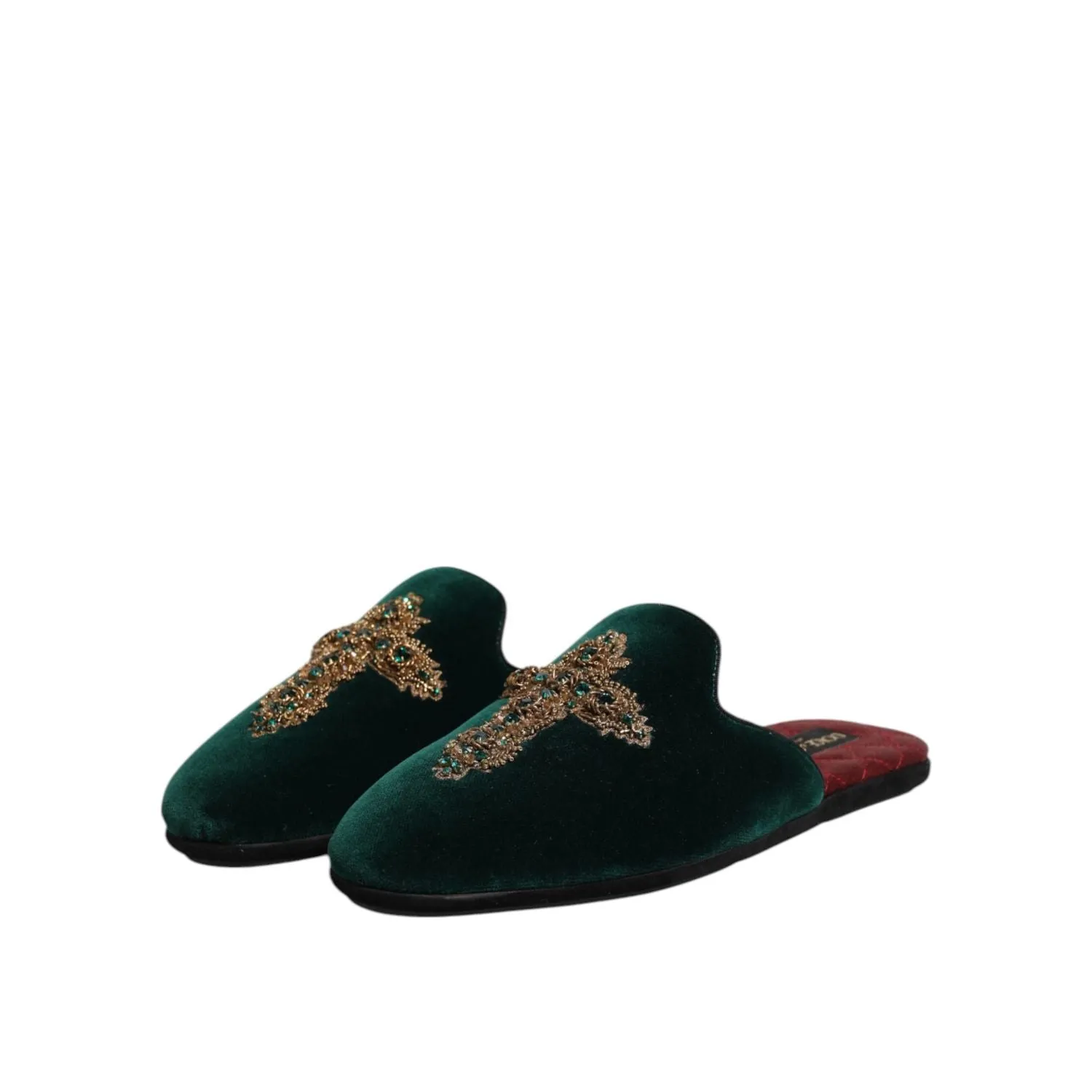 Dolce & Gabbana Green Velvet Cross Embellished Slippers Shoes Sparkly Flat Sandals