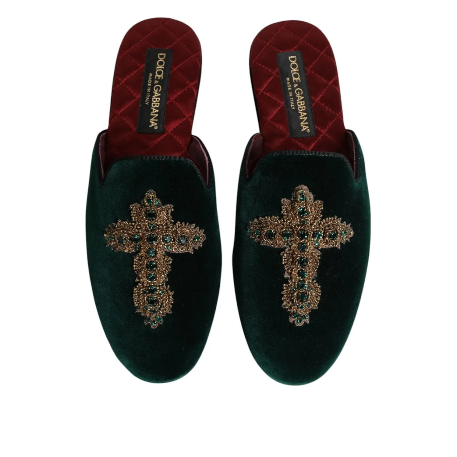 Sandals Slip Dolce & Gabbana Green Velvet Cross Embellished Slippers Shoes