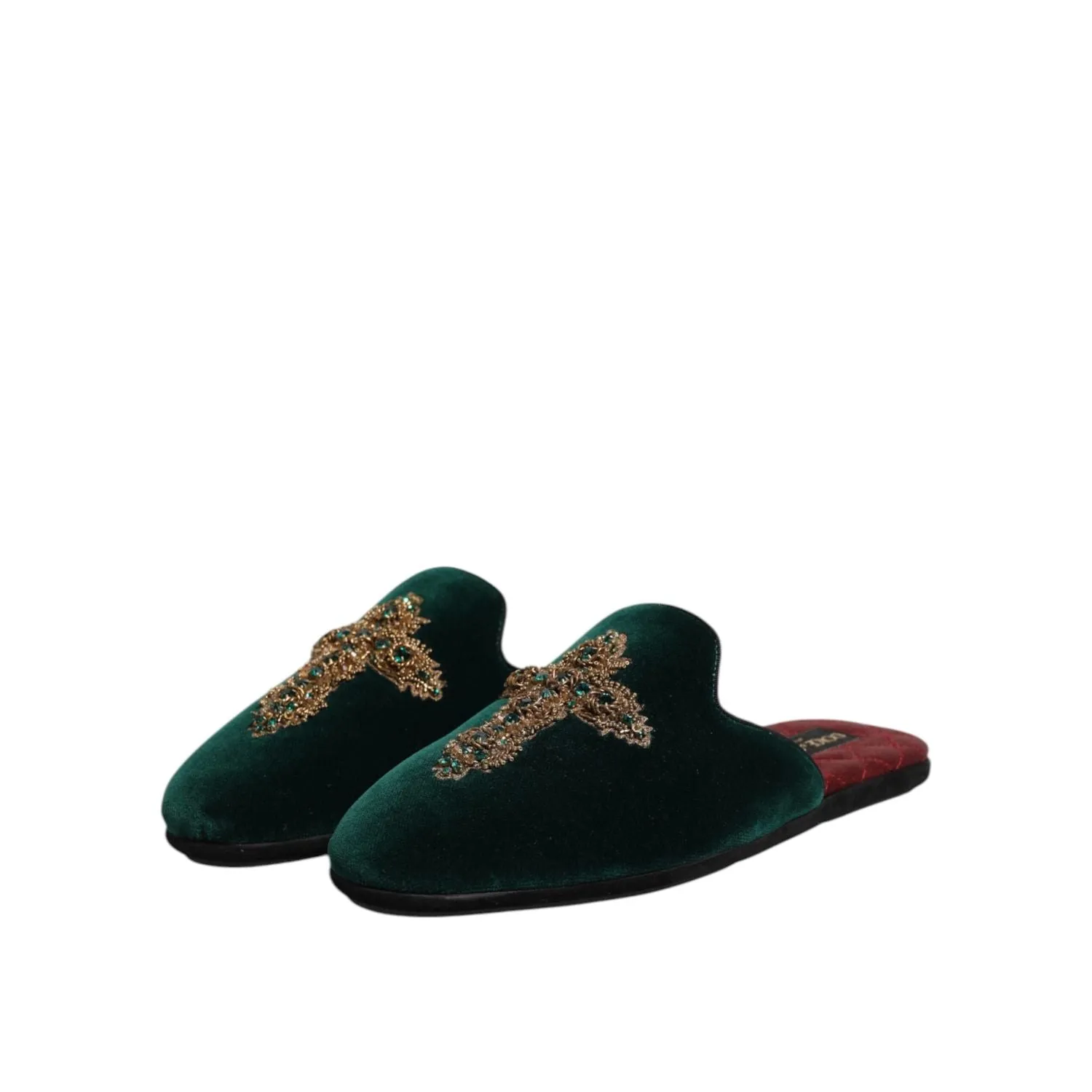 Dolce & Gabbana Green Velvet Cross Embellished Slippers Shoes Ugly Sandals
