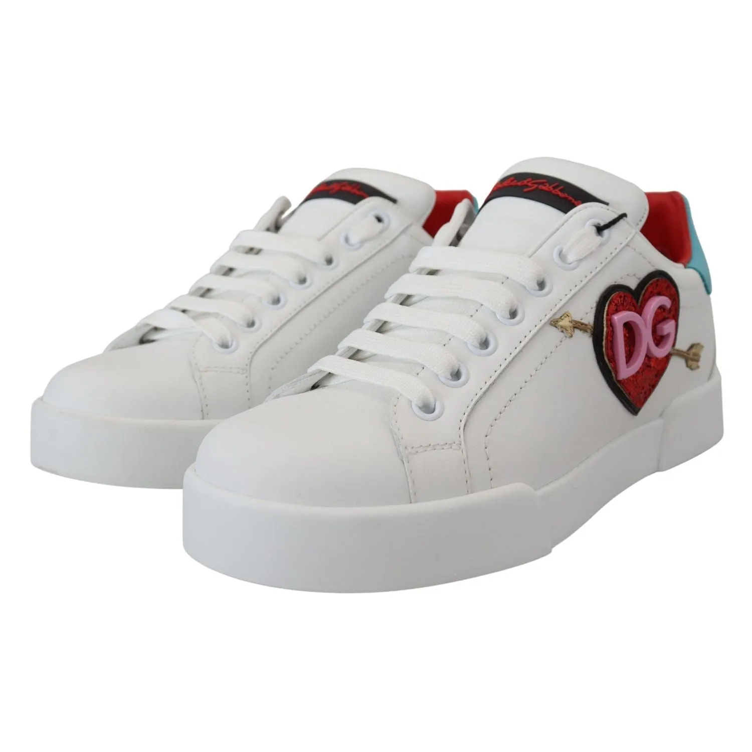 Dolce & Gabbana White Leather Sneaker Portofino Logo Heart Shoes Running Sneakers With Ankle Support