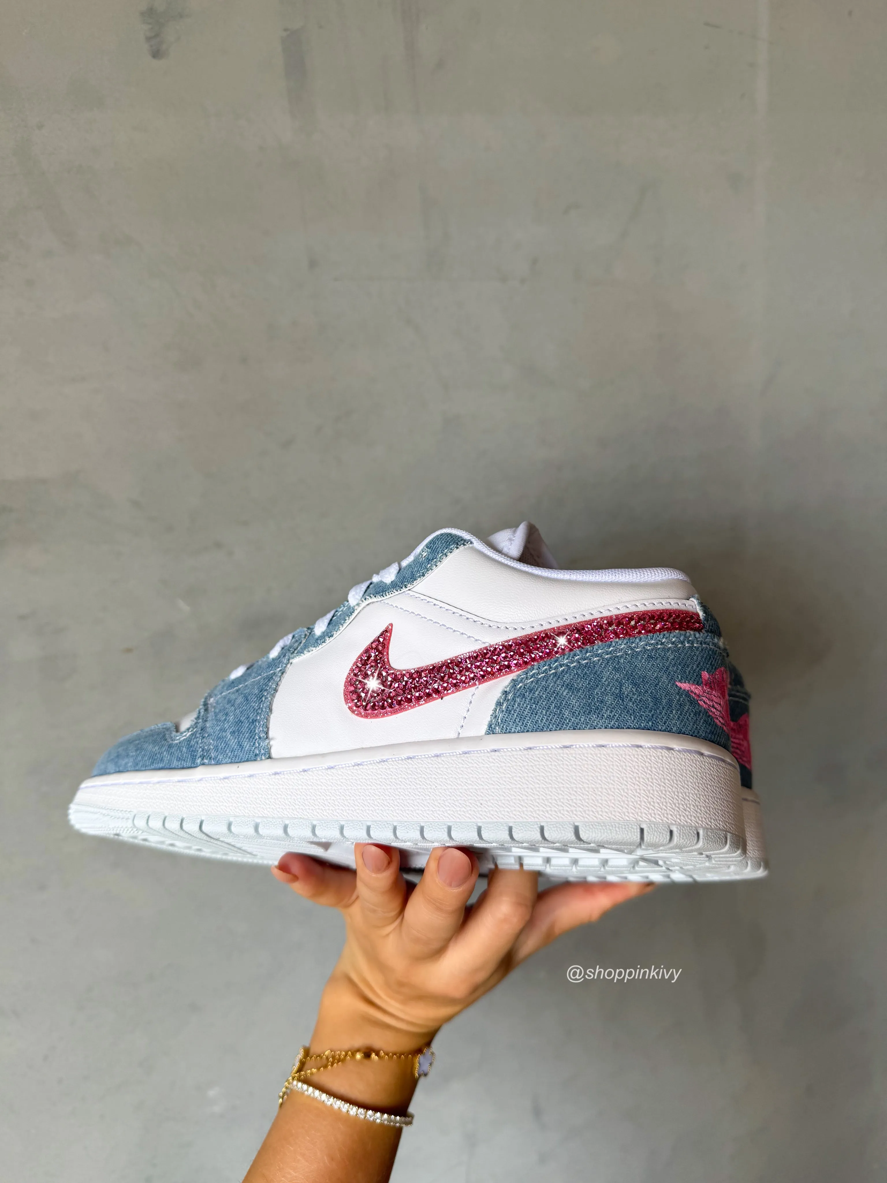 Barbie Pink Denim Swarovski Womens Air Jordan 1 Low Shoes Retro Shoes Adidas