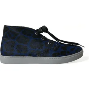 Dolce & Gabbana Blue Calfskin Leopard Mid Top Sneakers Shoes Flat Rock Climbing Shoes