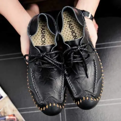 Flat Cotton Shoes Men Soft Genuine Leather Flat Loafers Lace Up Leather Shoes