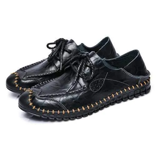Men Soft Genuine Leather Flat Loafers Lace Up Leather Shoes Flat Foot Treatment Shoes