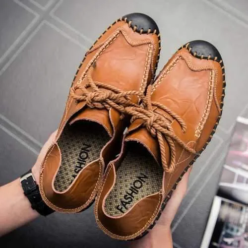 Men Soft Genuine Leather Flat Loafers Lace Up Leather Shoes Comfortable Wide Flat Shoes