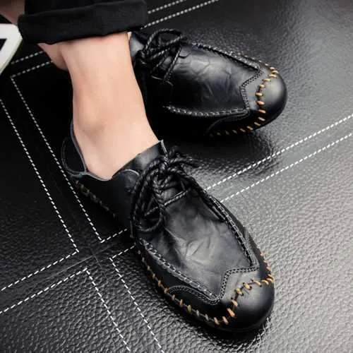 Sneakers Flat Shoes Men Soft Genuine Leather Flat Loafers Lace Up Leather Shoes