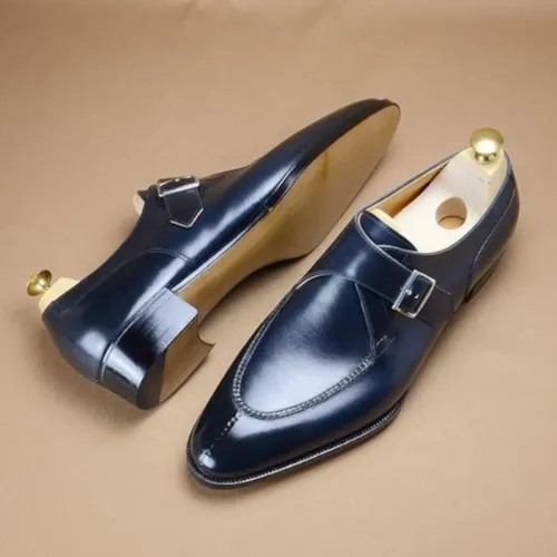 Tailor Made Handmade Navy Blue Leather Single Buckle Monk Strap Formal Dress Men's Shoes Best Police Boots