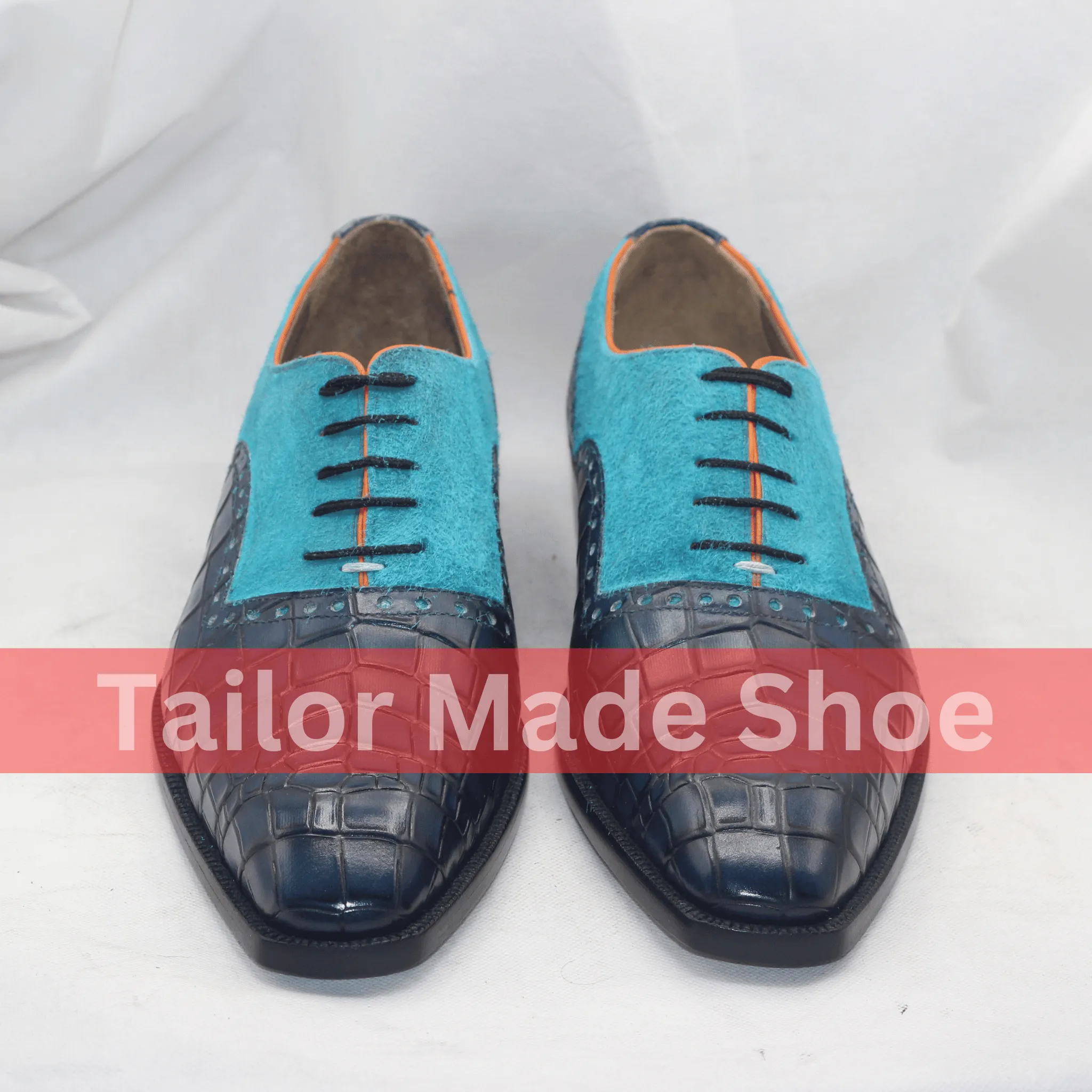Exotic Blue Croc-Embossed Leather and Suede Men's Oxford Shoes Bold Mens Designer Shoes  Crocodile Embossed Leather and Vibrant Turquoise Suede Esprit Boots