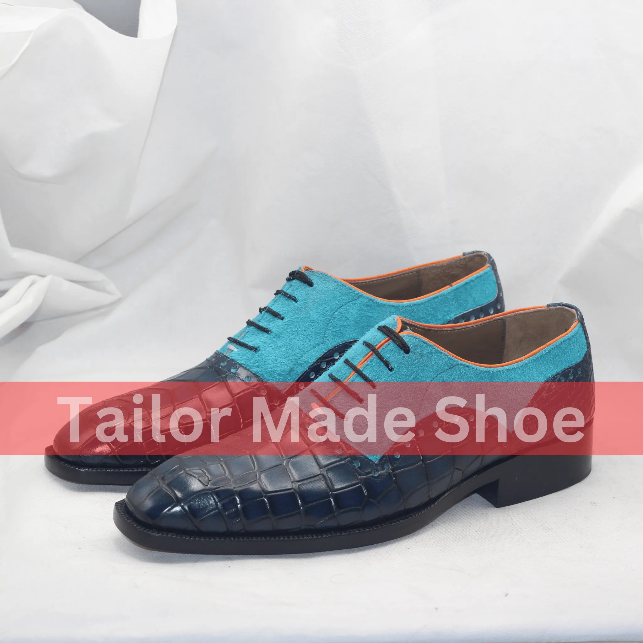 Boots Fall 2024 Exotic Blue Croc-Embossed Leather and Suede Men's Oxford Shoes Bold Mens Designer Shoes  Crocodile Embossed Leather and Vibrant Turquoise Suede