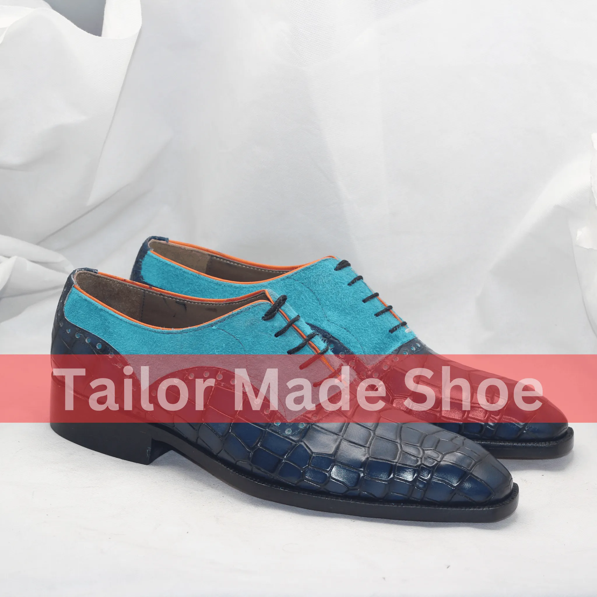 Antique Boots Exotic Blue Croc-Embossed Leather and Suede Men's Oxford Shoes Bold Mens Designer Shoes  Crocodile Embossed Leather and Vibrant Turquoise Suede