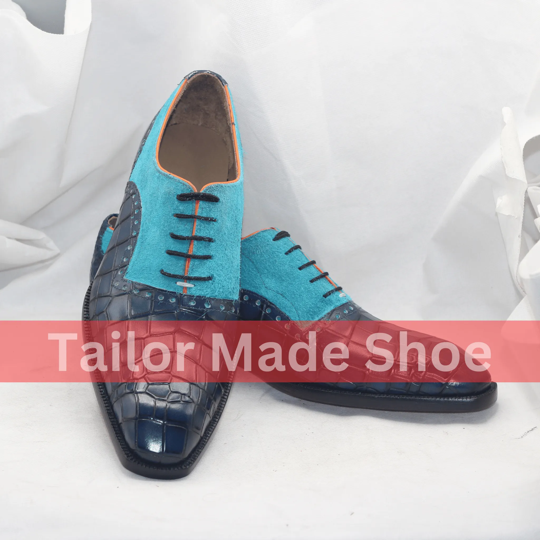 Exotic Blue Croc-Embossed Leather and Suede Men's Oxford Shoes Bold Mens Designer Shoes  Crocodile Embossed Leather and Vibrant Turquoise Suede Wildland Fire Boots