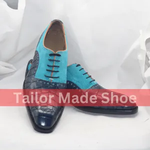 Exotic Blue Croc-Embossed Leather and Suede Men's Oxford Shoes Bold Mens Designer Shoes  Crocodile Embossed Leather and Vibrant Turquoise Suede Bovver Boots