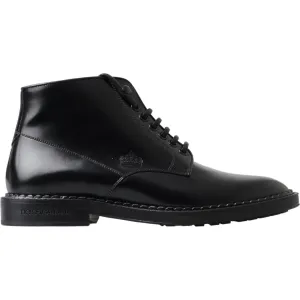 Dolce & Gabbana Black Leather Men Short Boots Lace Up Shoes Heated Ski Boots
