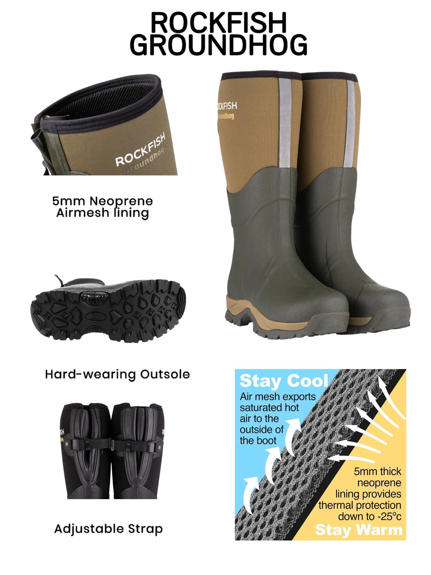 Groundhog Tall Side Adjustable 5mm Neoprene Insulated Wellington Boots Low Cut Cowgirl Boots