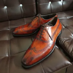 Morgan Wallen Sand In My Boots Festival Tailor Made Bespoke Tan Calf Shine Leather Lace-up Wingtip Oxford Men's Shoes